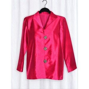 Painted Pony Vintage Fuchsia Pink Satin Sheen Geometric Animal Buttons Jacket